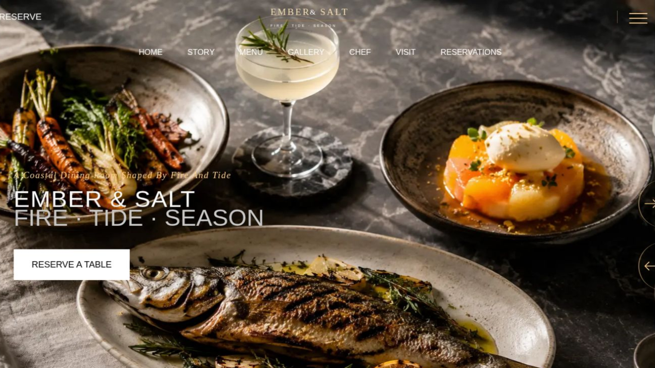 Ember and Salt coastal restaurant website homepage